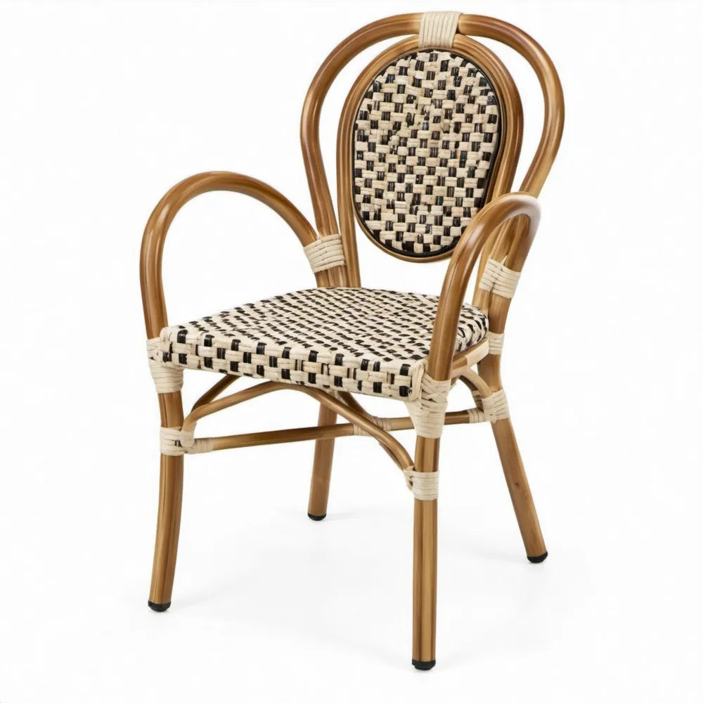 Bistrostoel met armleuningen 57 x 60 x 88 cm bruin/beige/zwart aluminium en PE-rattan