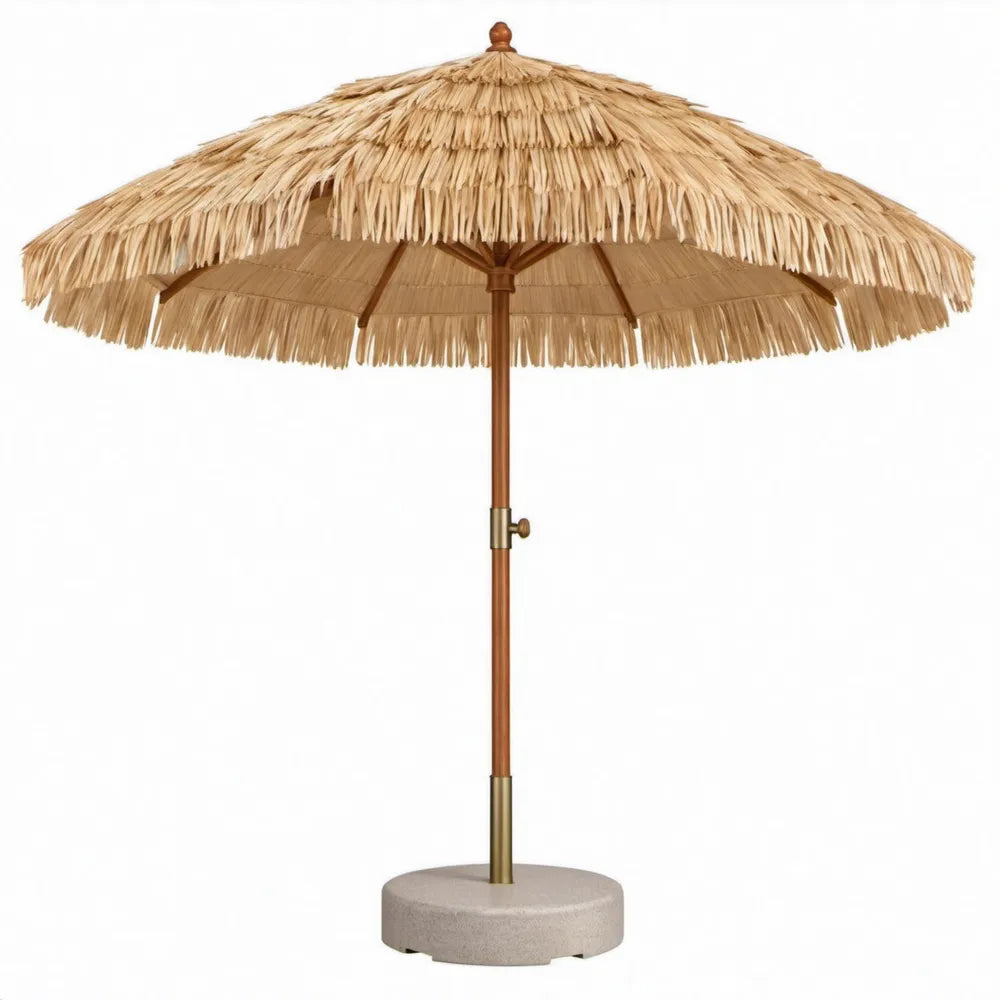 Ronde raffiaparasol 200 cm met betonnen voet, naturel beige en bruin