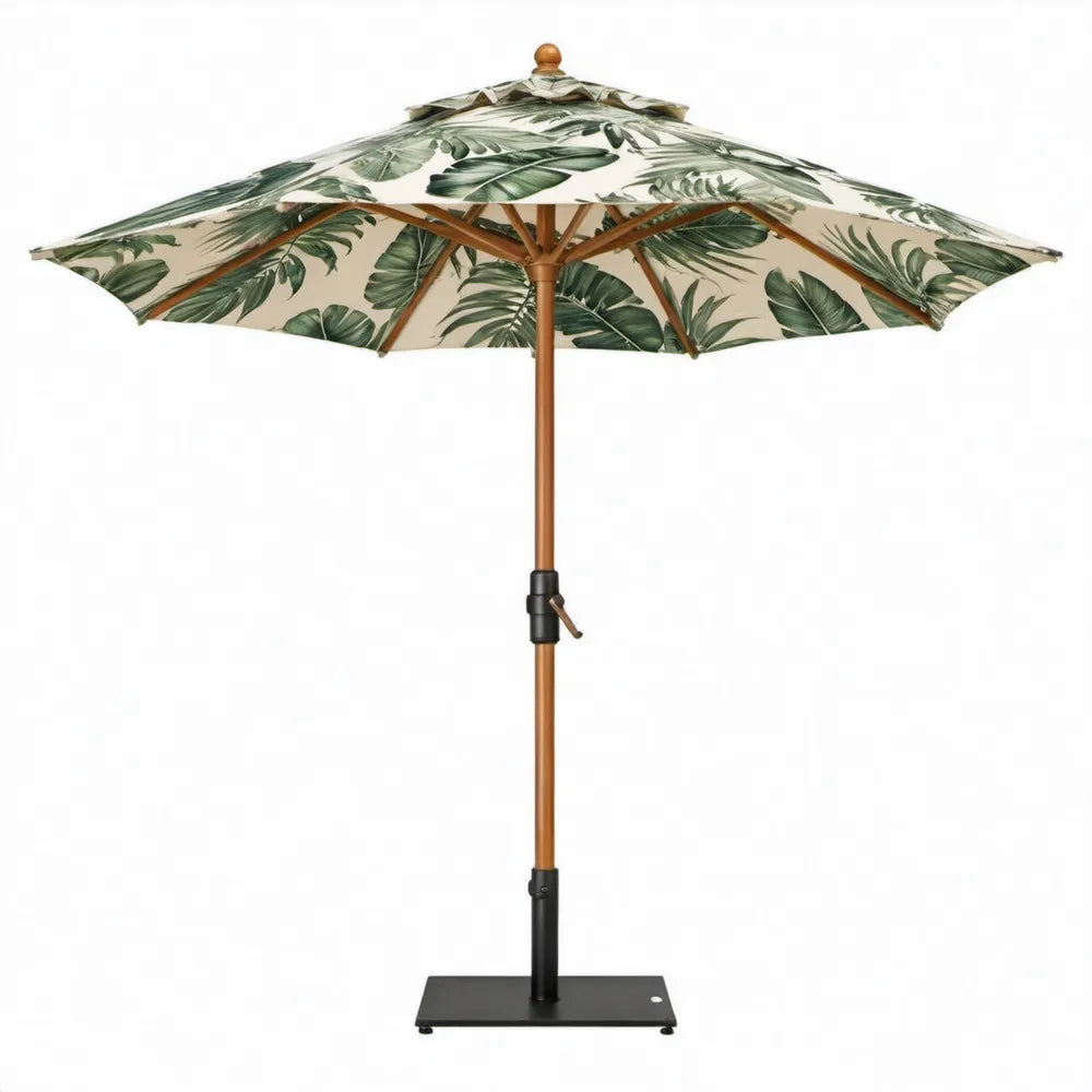 Achthoekige stokparasol Ø250 cm crème met groen bladmotief, houten frame en zwarte stalen voet