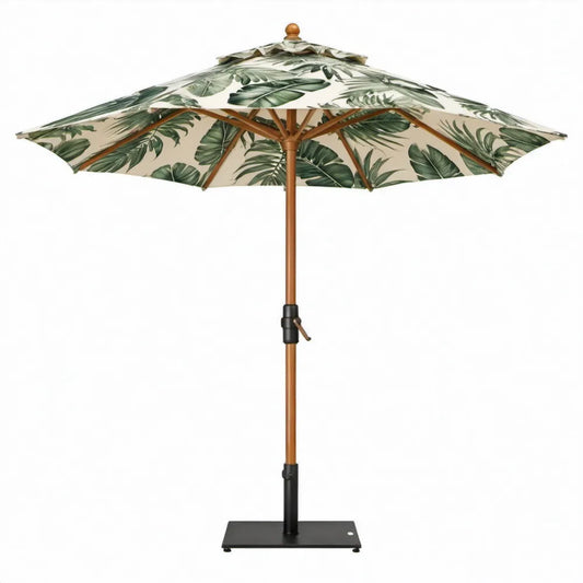 Achthoekige stokparasol Ø250 cm crème met groen bladmotief, houten frame en zwarte stalen voet