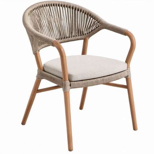 Terrasstoel met armleuningen van acaciahout en polyester touw, beige/natuurbruin, 65 x 62 x 78 cm