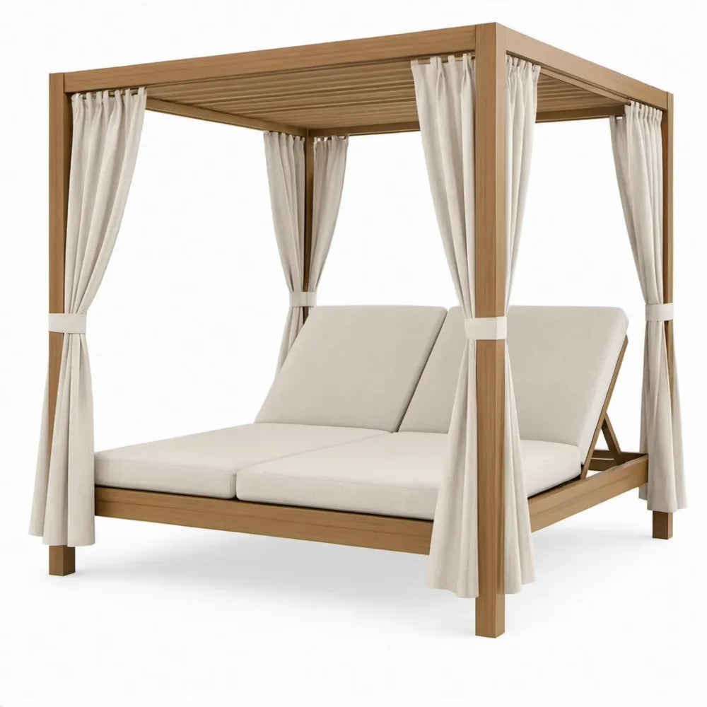 Tweepersoons ligbed met hemel, 200 x 200 x 200 cm, naturelbruin/beige, massief acaciahout en polyester